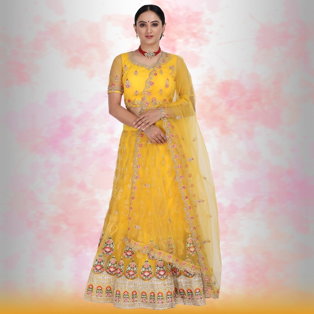 Net Yellow Embroidered Lehenga Choli