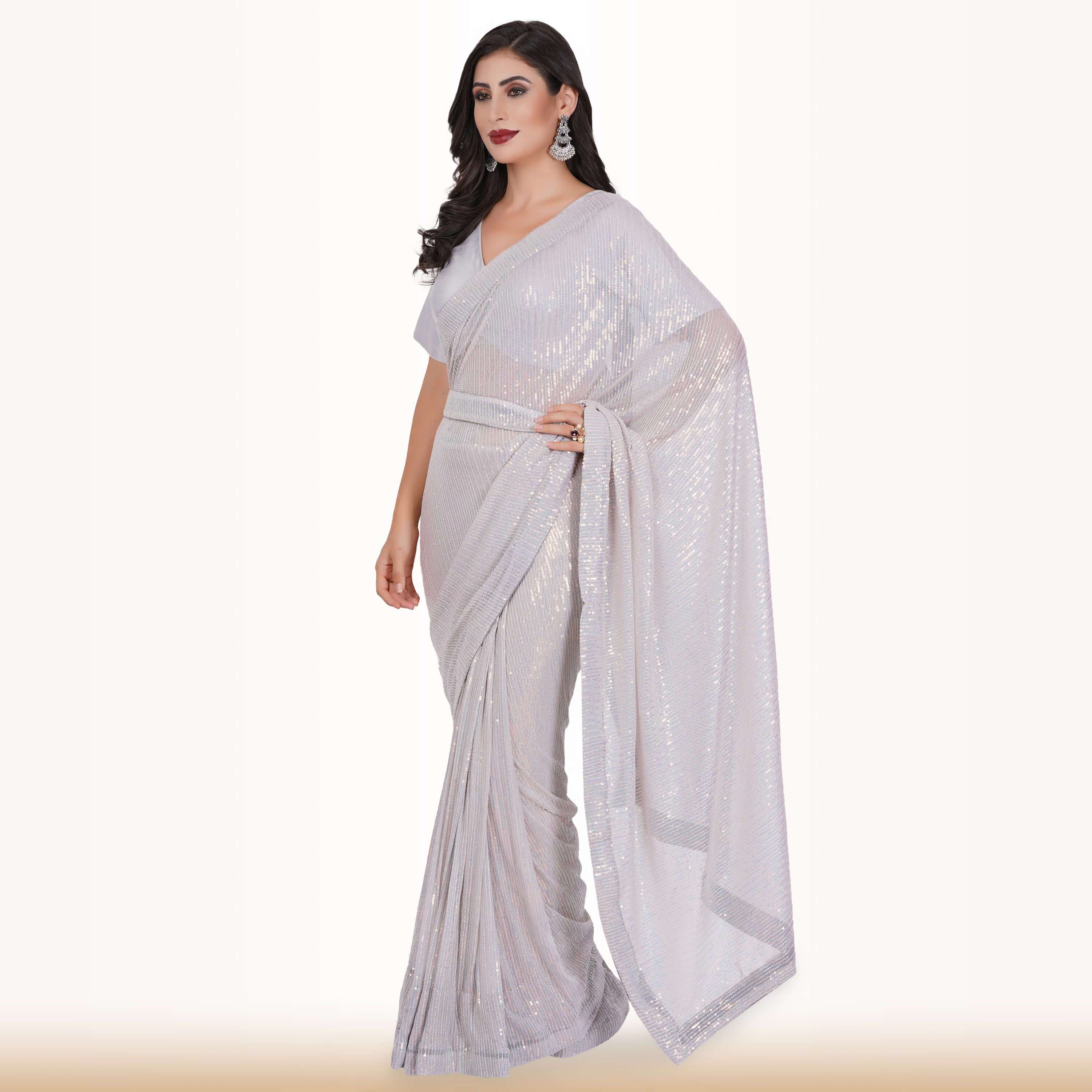 Shop Silver Net Sequins Saree Party Wear Online at Best Price | Cbazaar