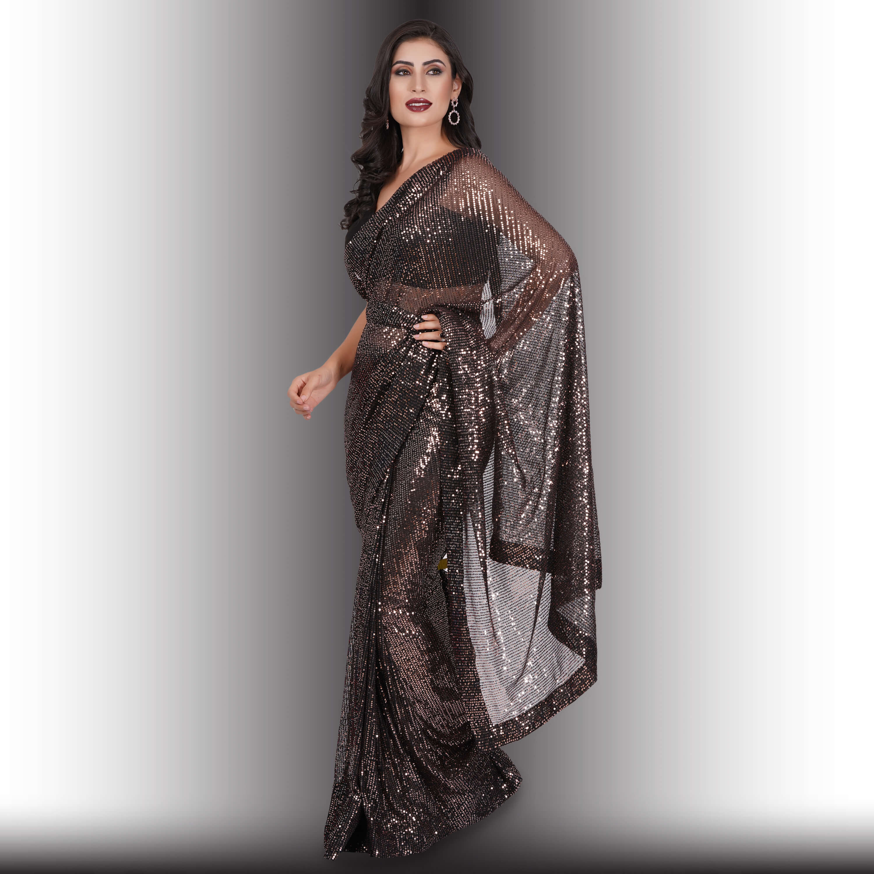 Silver Gray Georgette Sequins Saree - Urban Womania