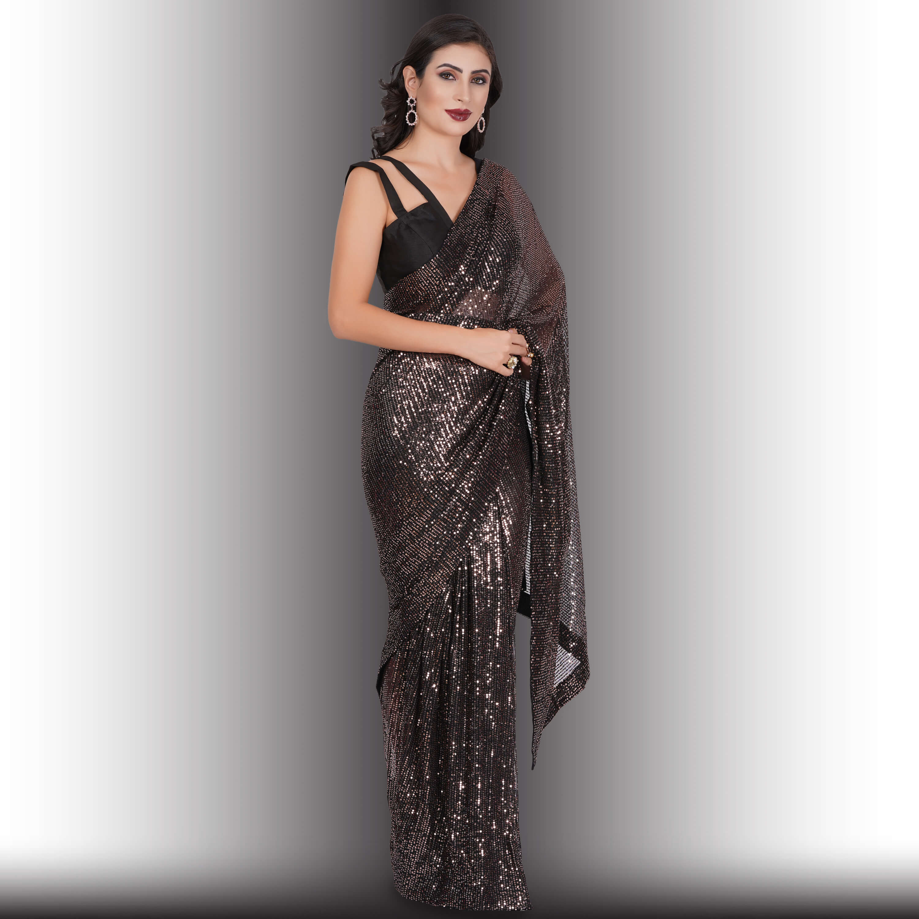 Buy Silver Champagne Sequin Saree For Women Online