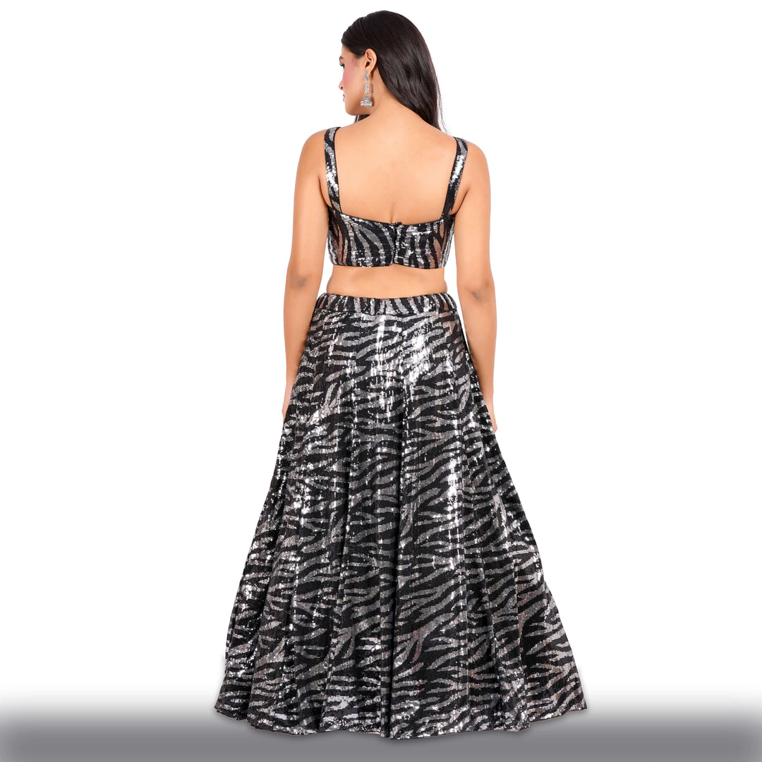 Black Sequin Lehenga in Tiger Stripes