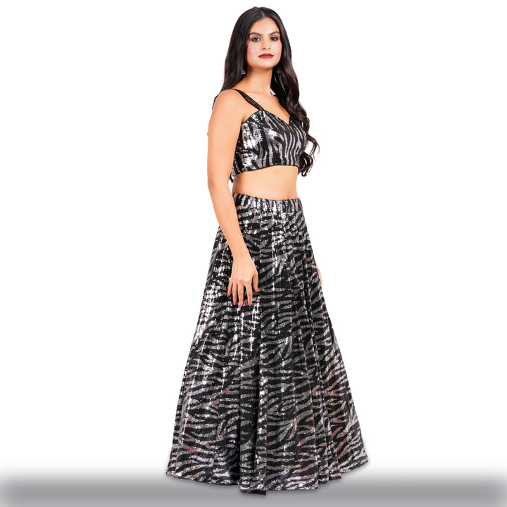 Black Sequin Lehenga in Tiger Stripes