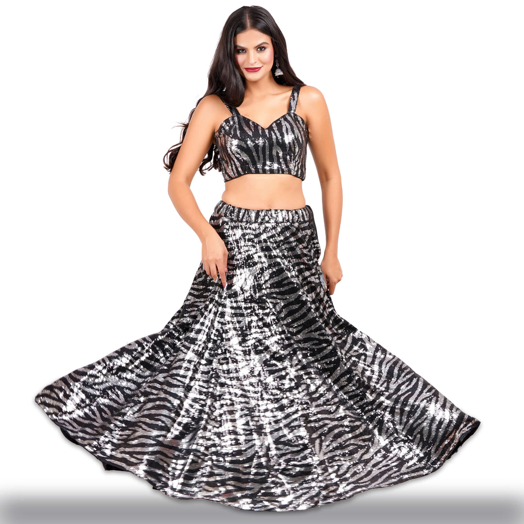 Black Sequin Lehenga in Tiger Stripes