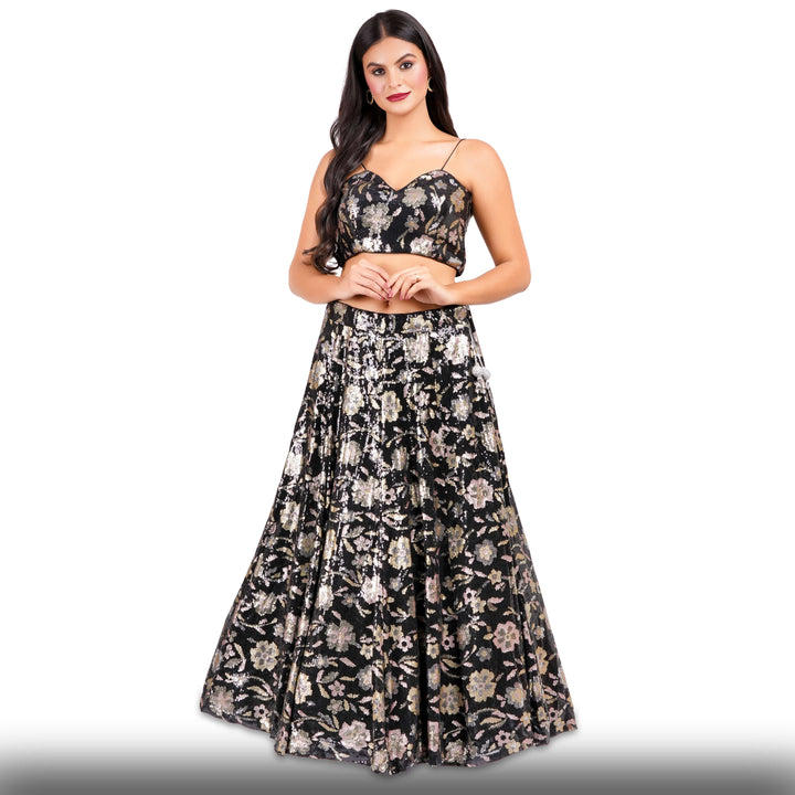 Black Sequin Lehenga with Gold & Copper Florals