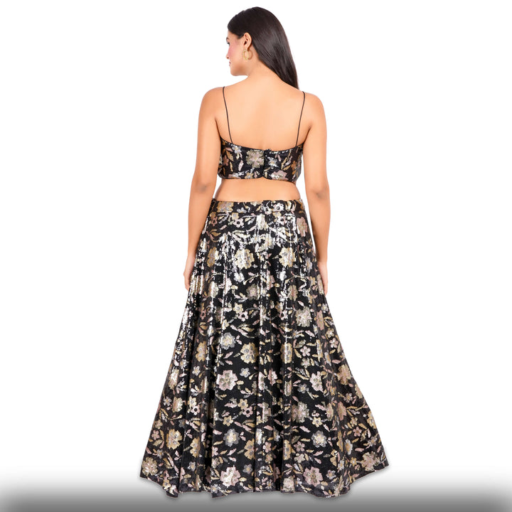 Black Sequin Lehenga with Gold & Copper Florals