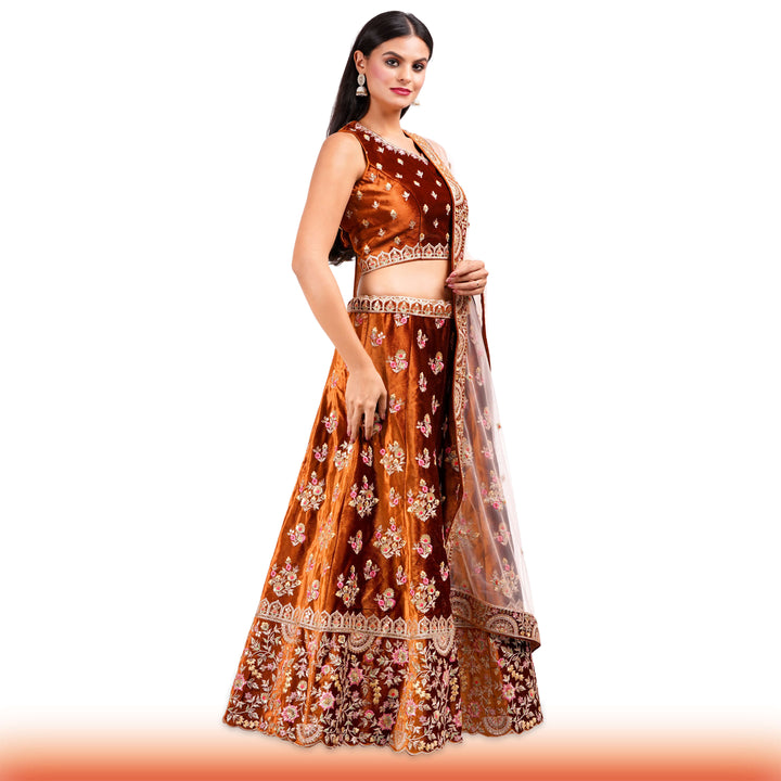 Burnt Orange Indian Lehenga with Pink & Gold Floral Motifs