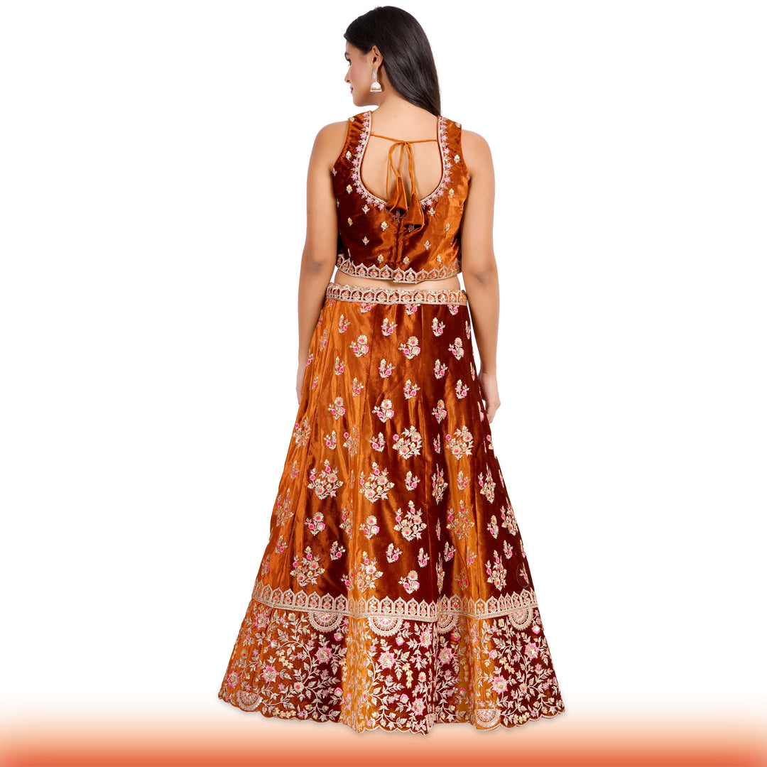 Burnt Orange Indian Lehenga with Pink & Gold Floral Motifs