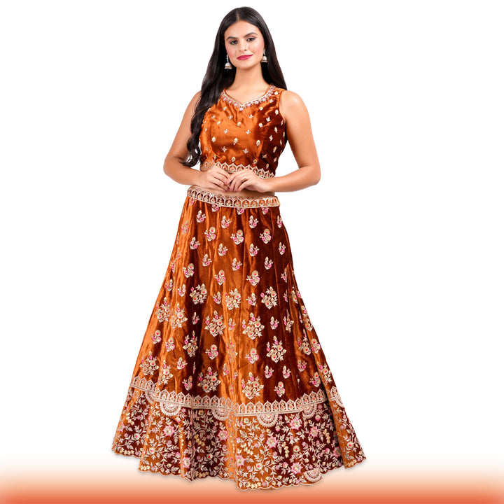 Burnt Orange Indian Lehenga with Pink & Gold Floral Motifs