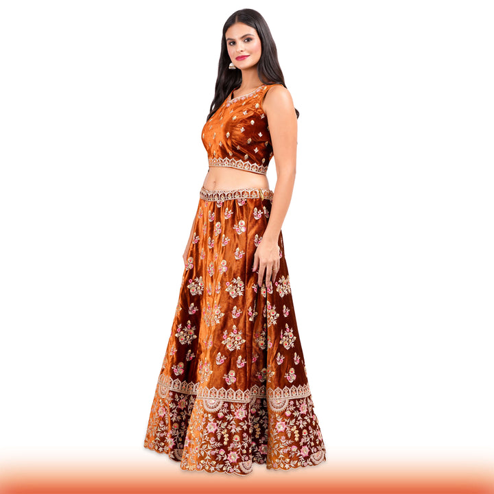 Burnt Orange Indian Lehenga with Pink & Gold Floral Motifs