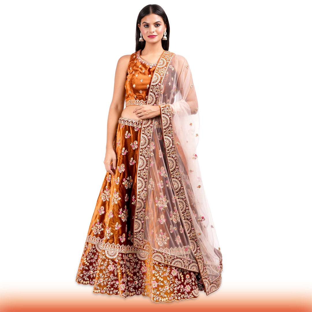 Burnt Orange Indian Lehenga with Pink & Gold Floral Motifs