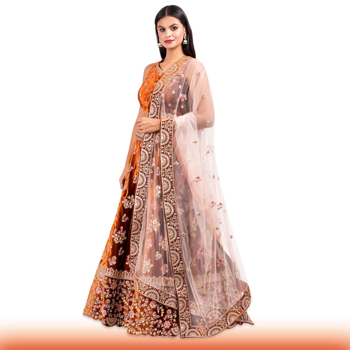 Burnt Orange Indian Lehenga with Pink & Gold Floral Motifs