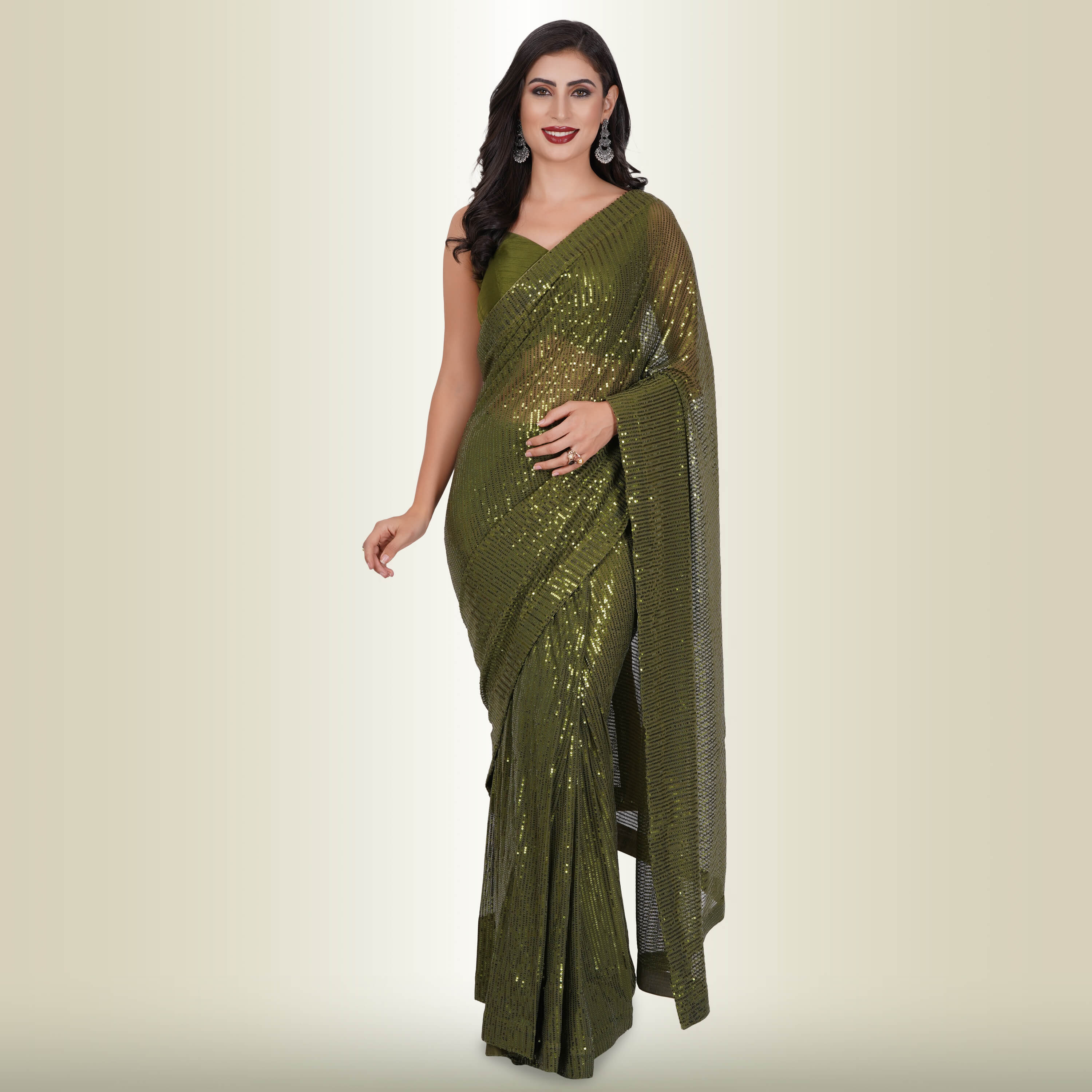 Green georgette saree with Banarasi borders – Threads