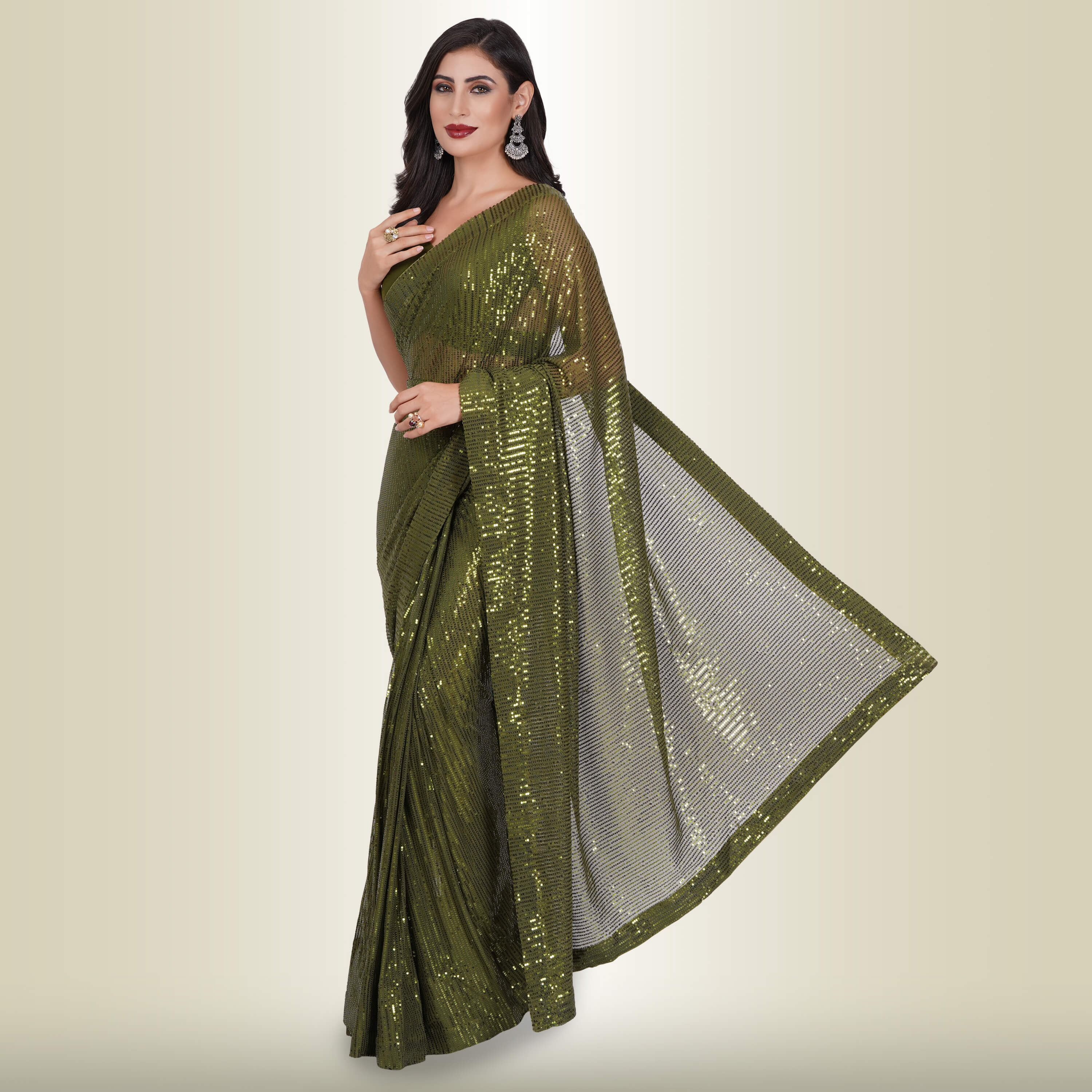 Buy Bottle Green Sequins Work Soft Satin Saree Online