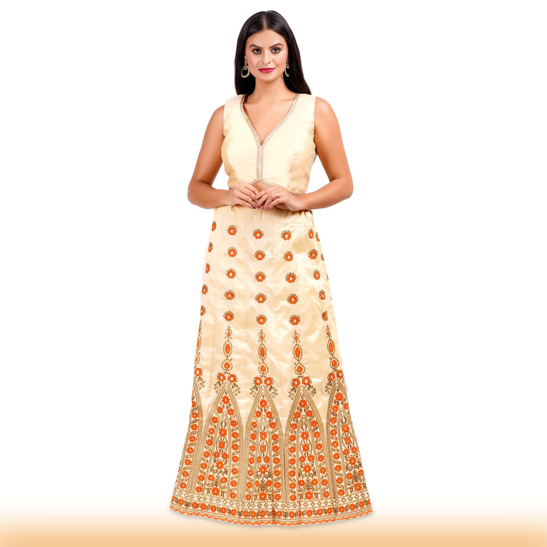 Beige Embroidered lehenga with orange embroidery and contrast duppatta