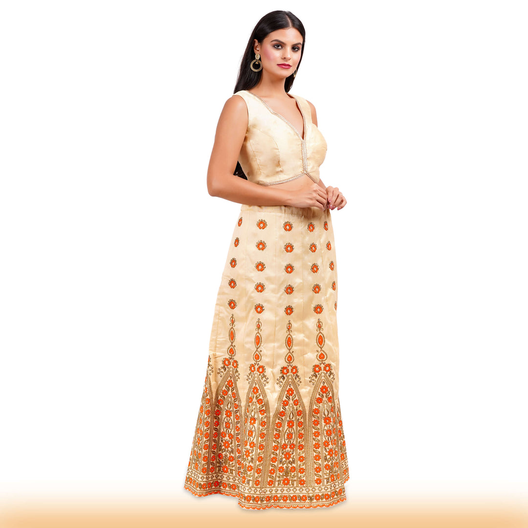 Beige Embroidered lehenga with orange embroidery and contrast duppatta