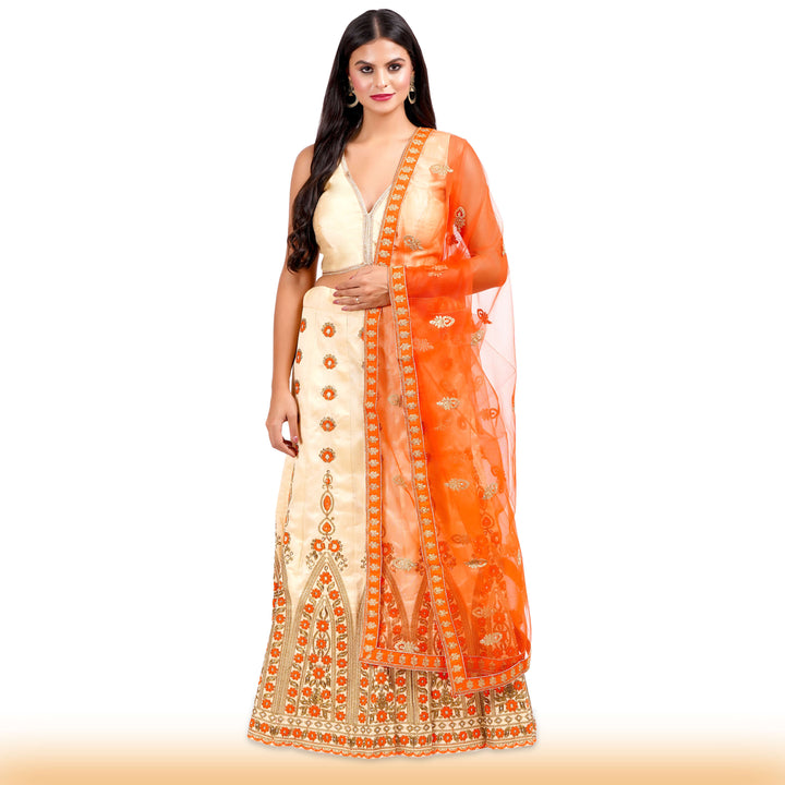 Beige Embroidered lehenga with orange embroidery and contrast duppatta