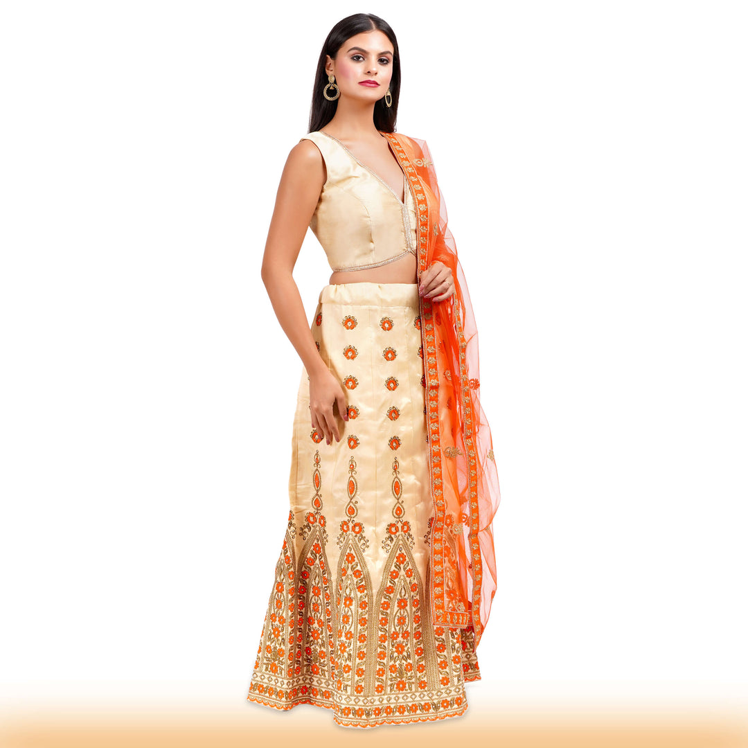 Beige Embroidered lehenga with orange embroidery and contrast duppatta