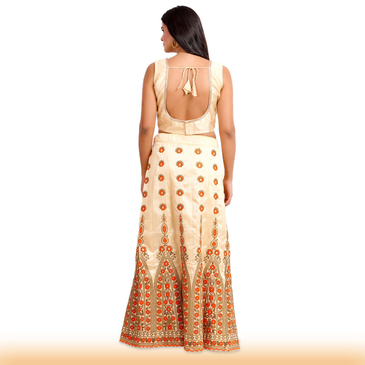 Beige Embroidered lehenga with orange embroidery and contrast duppatta