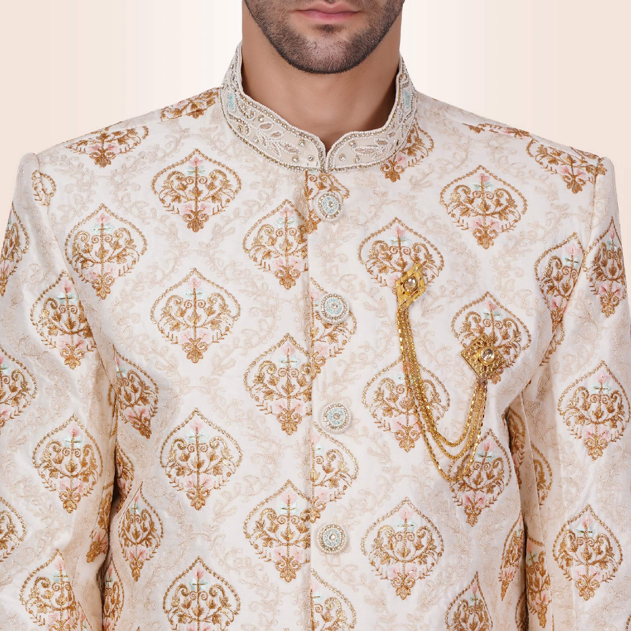 Green and Gold Colour Designer Exclusive Wedding Wear Sherwani Suit D.