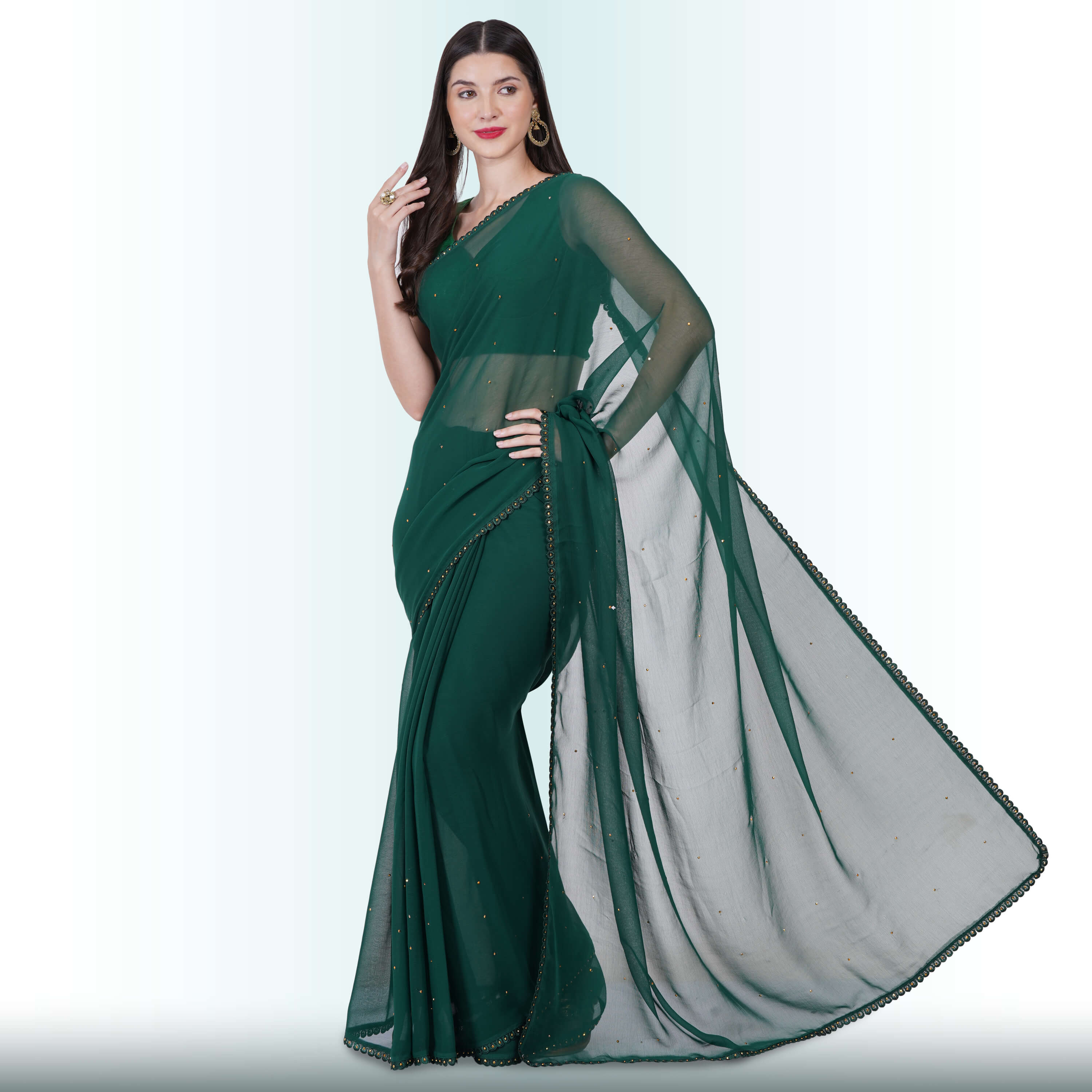 Bottle Green Plain Ready to Wear Silk Saree WITH BLOUSE - WHITE FIRE -  3844595