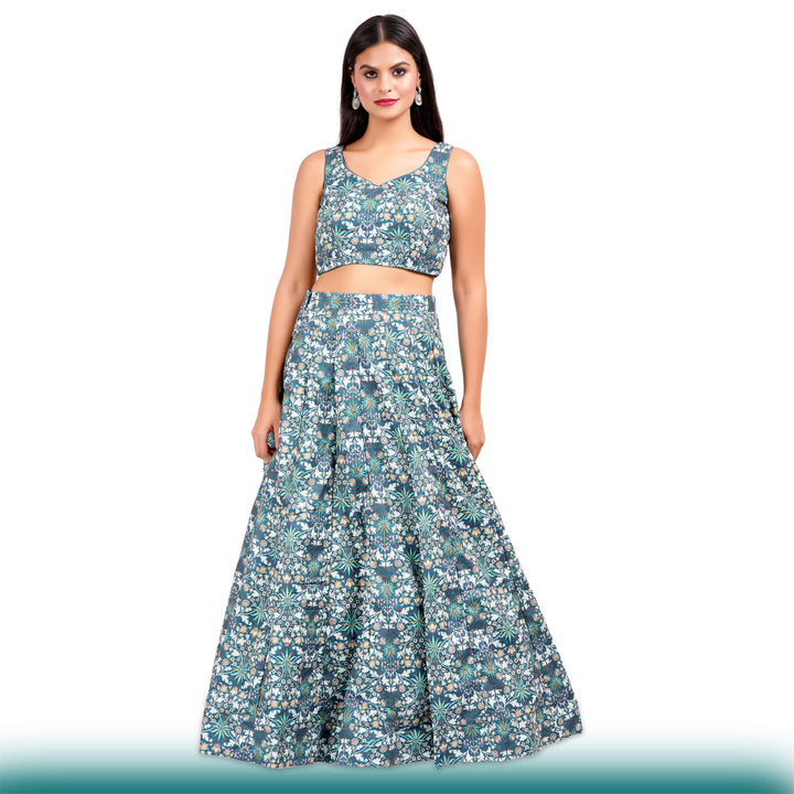 Floral Lehenga with Large Flair - Green