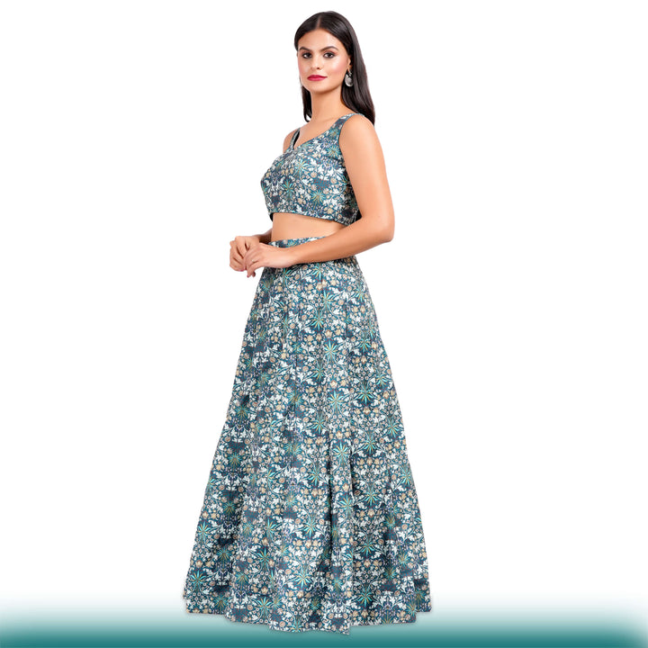 Floral Lehenga with Large Flair - Green