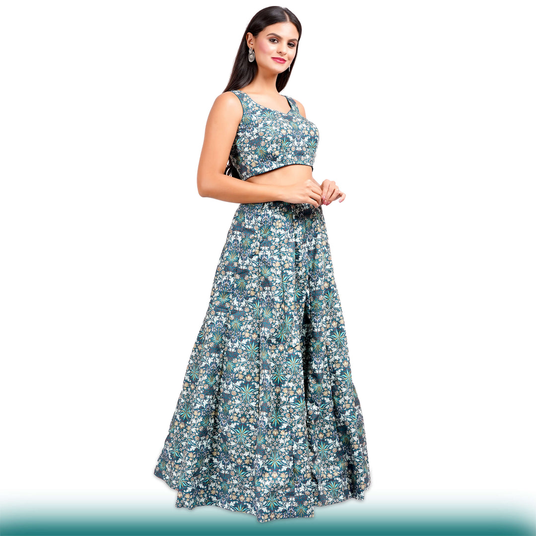 Floral Lehenga with Large Flair - Green