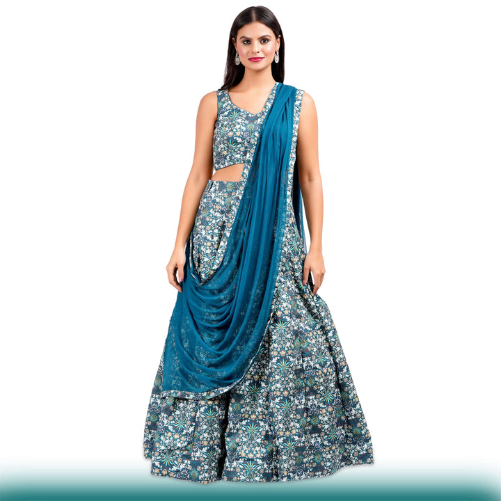 Floral Lehenga with Large Flair - Green