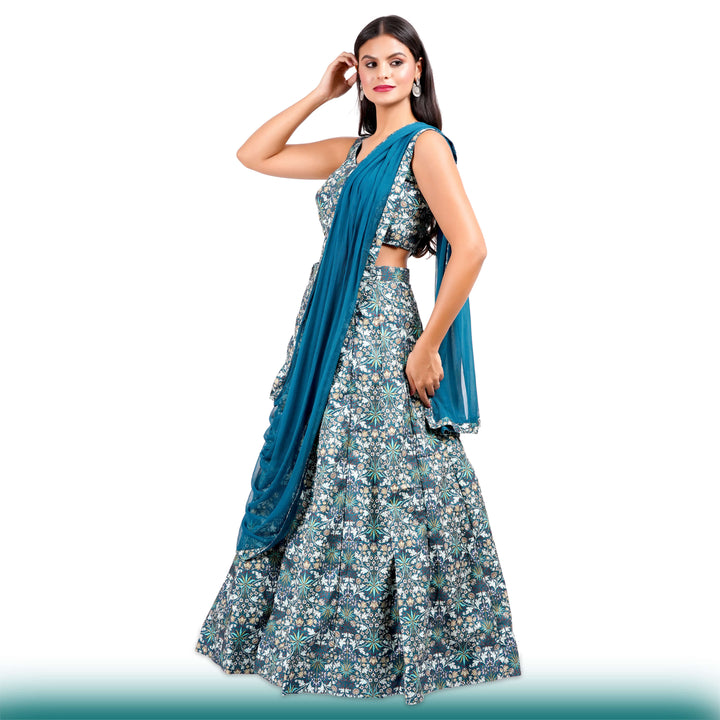 Floral Lehenga with Large Flair - Green