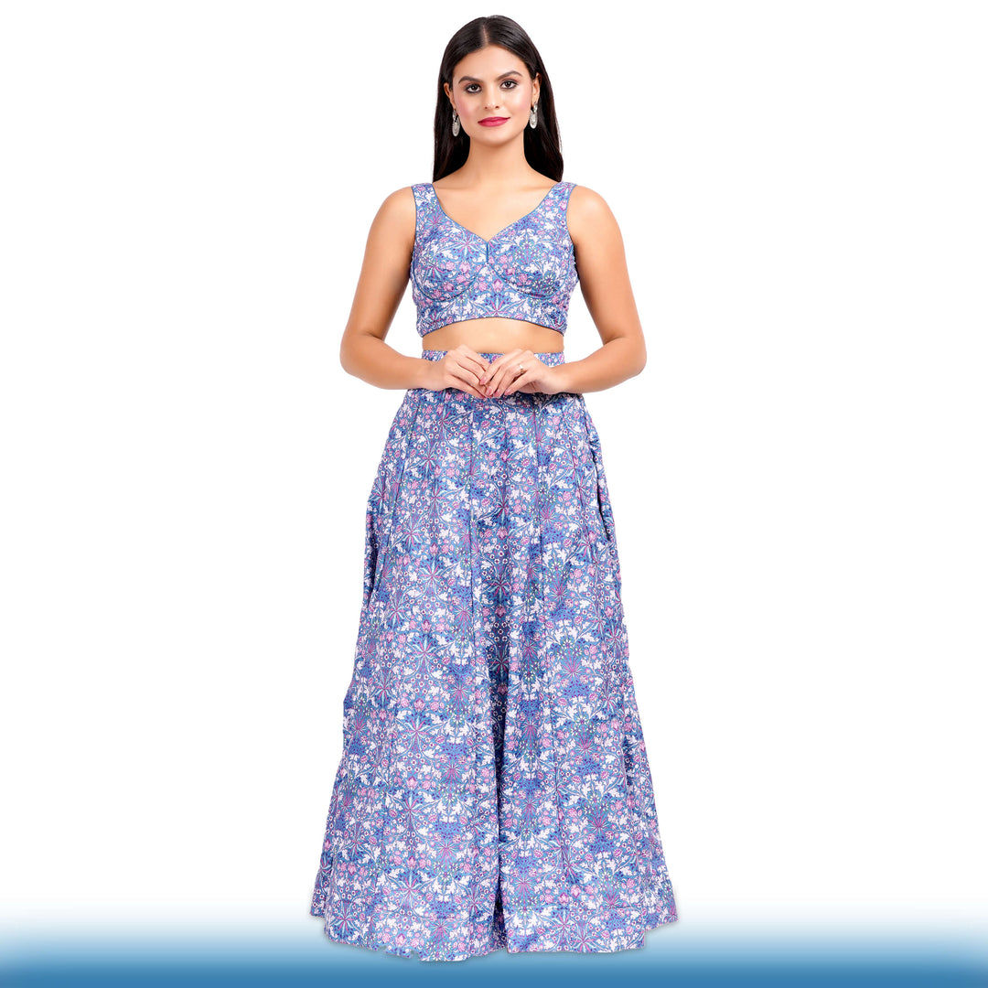 Floral Lehenga with Large Flair - Blue