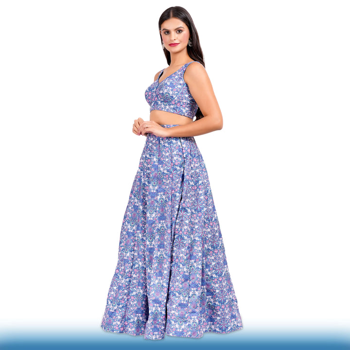 Floral Lehenga with Large Flair - Blue