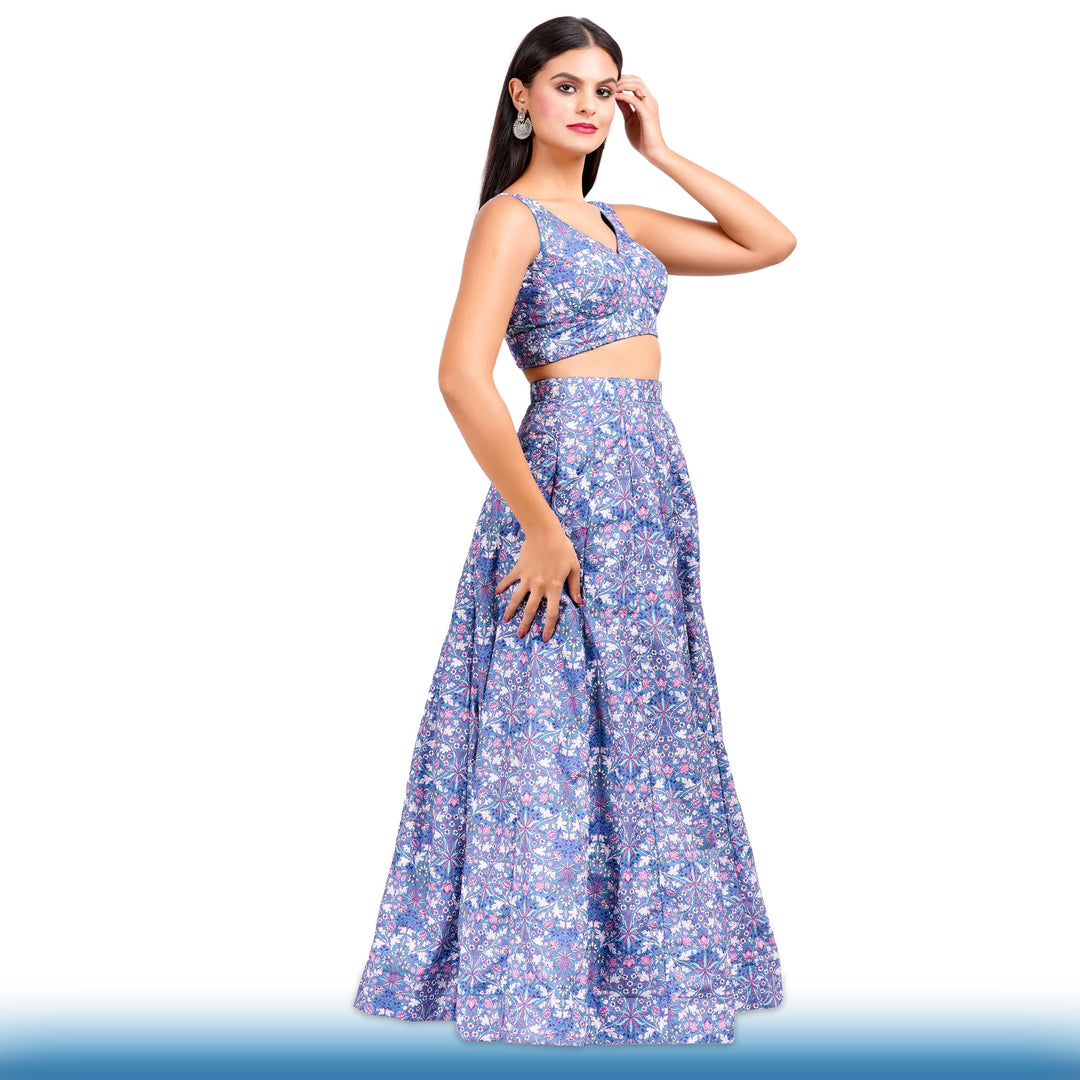 Floral Lehenga with Large Flair - Blue