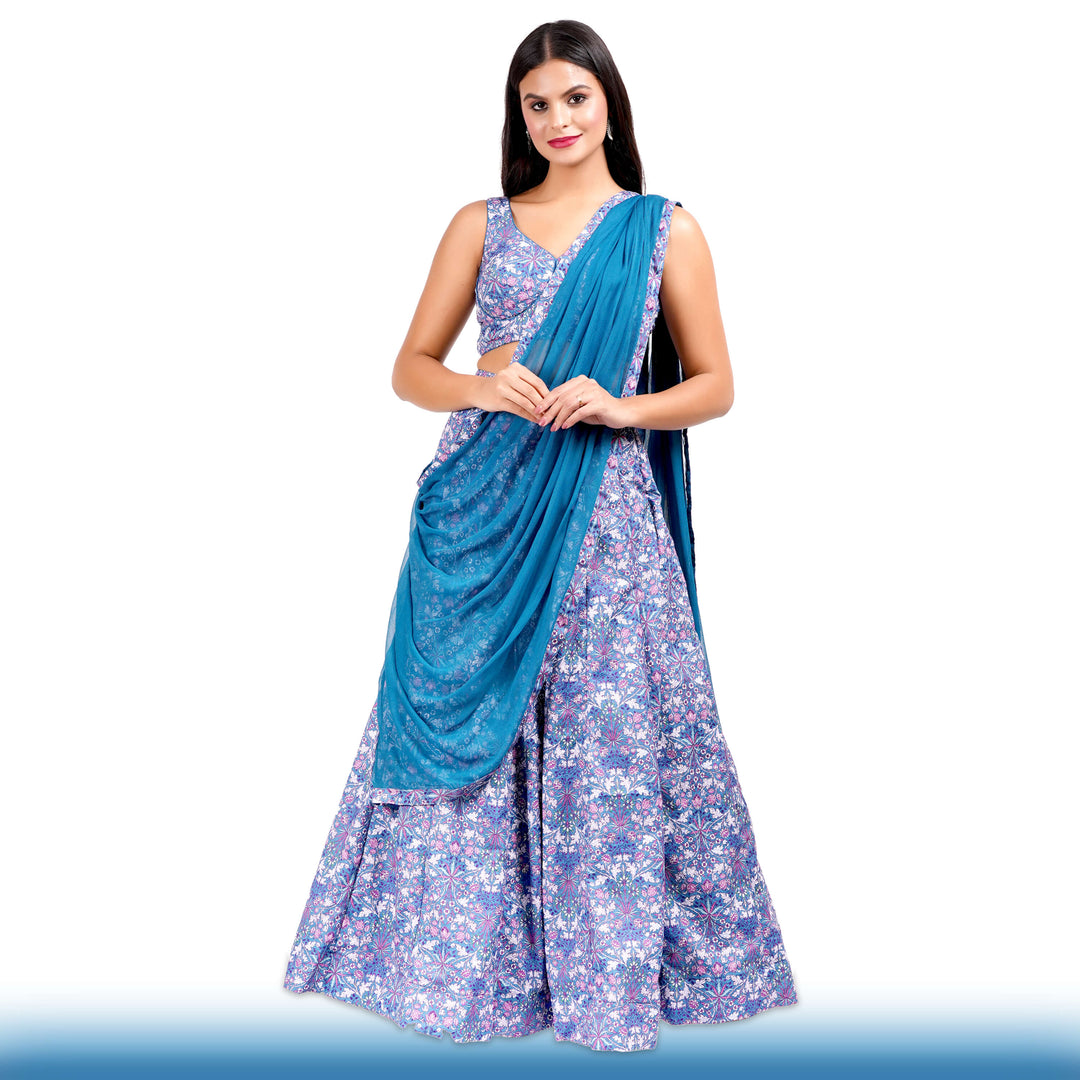 Floral Lehenga with Large Flair - Blue