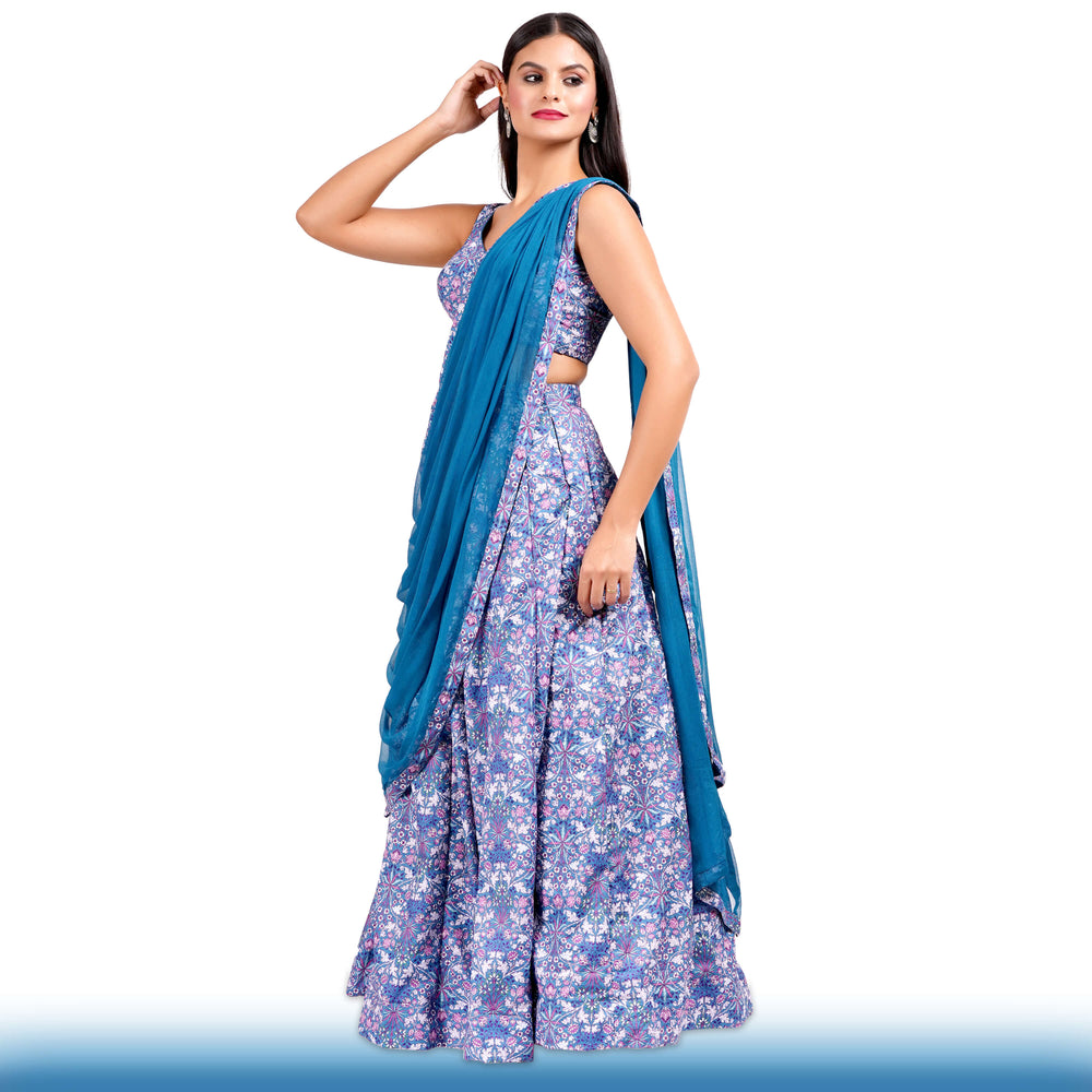 Floral Lehenga with Large Flair - Blue