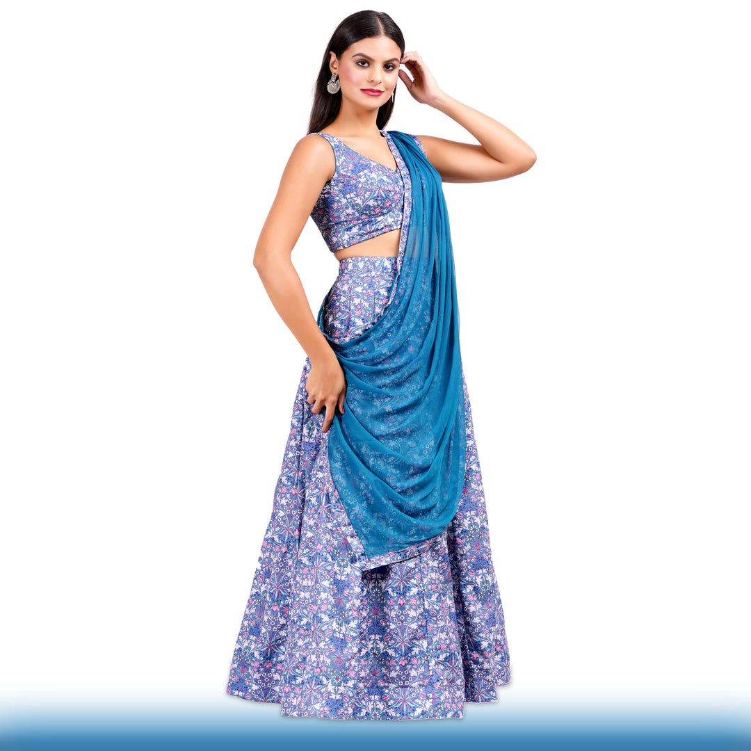 Floral Lehenga with Large Flair - Blue