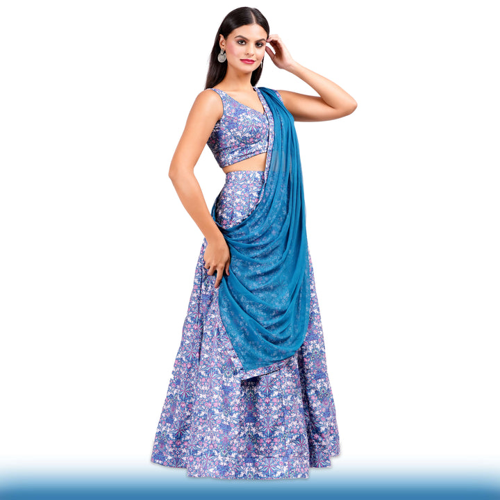 Floral Lehenga with Large Flair - Blue