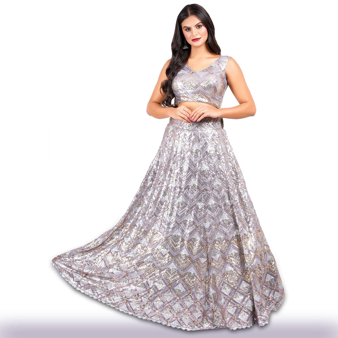  Georgette Lehenga with Copper, Silver  and Gold Sequins 