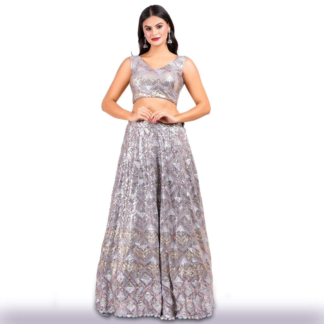  Georgette Lehenga with Copper, Silver  and Gold Sequins 