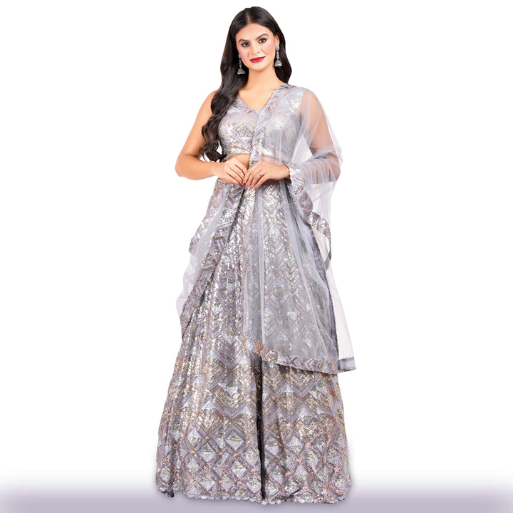  Georgette Lehenga with Copper, Silver &amp; Gold Sequins 