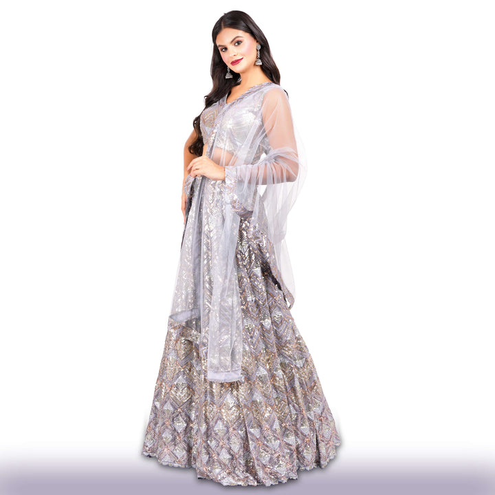  Georgette Lehenga with Copper, Silver  and Gold Sequins 