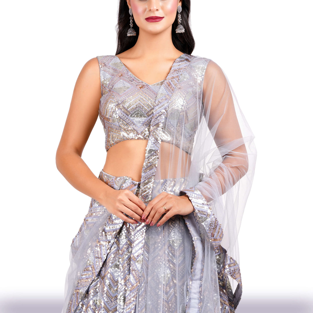  Georgette Lehenga with Copper, Silver  and Gold Sequins 