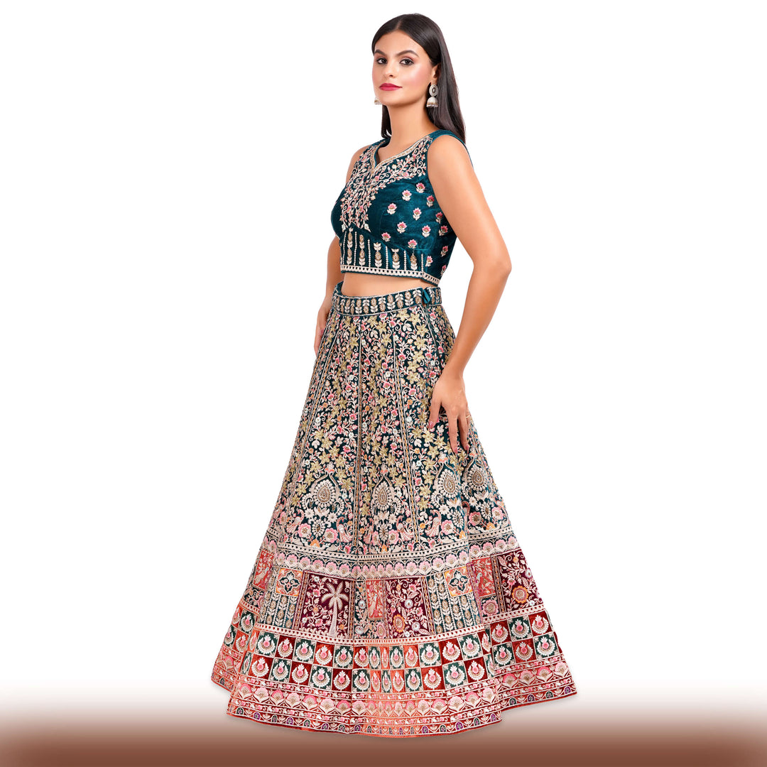 Exquisite Velvet Wedding Lehenga in Green-Red Ombre