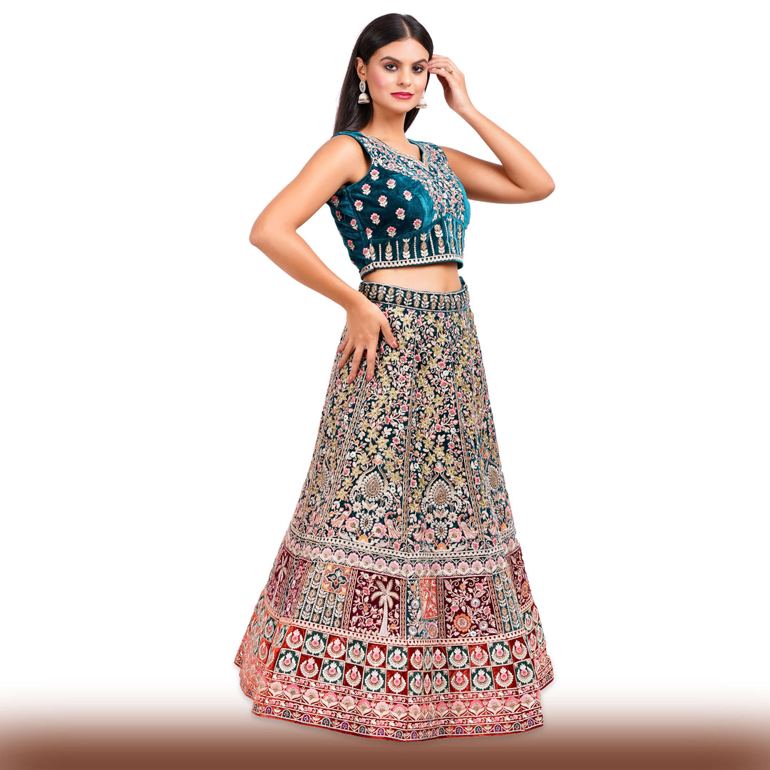 Exquisite Velvet Wedding Lehenga in Green-Red Ombre