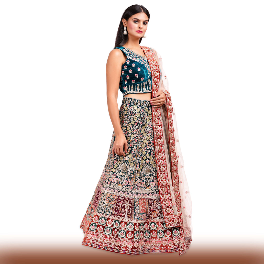 Exquisite Velvet Wedding Lehenga in Green-Red Ombre