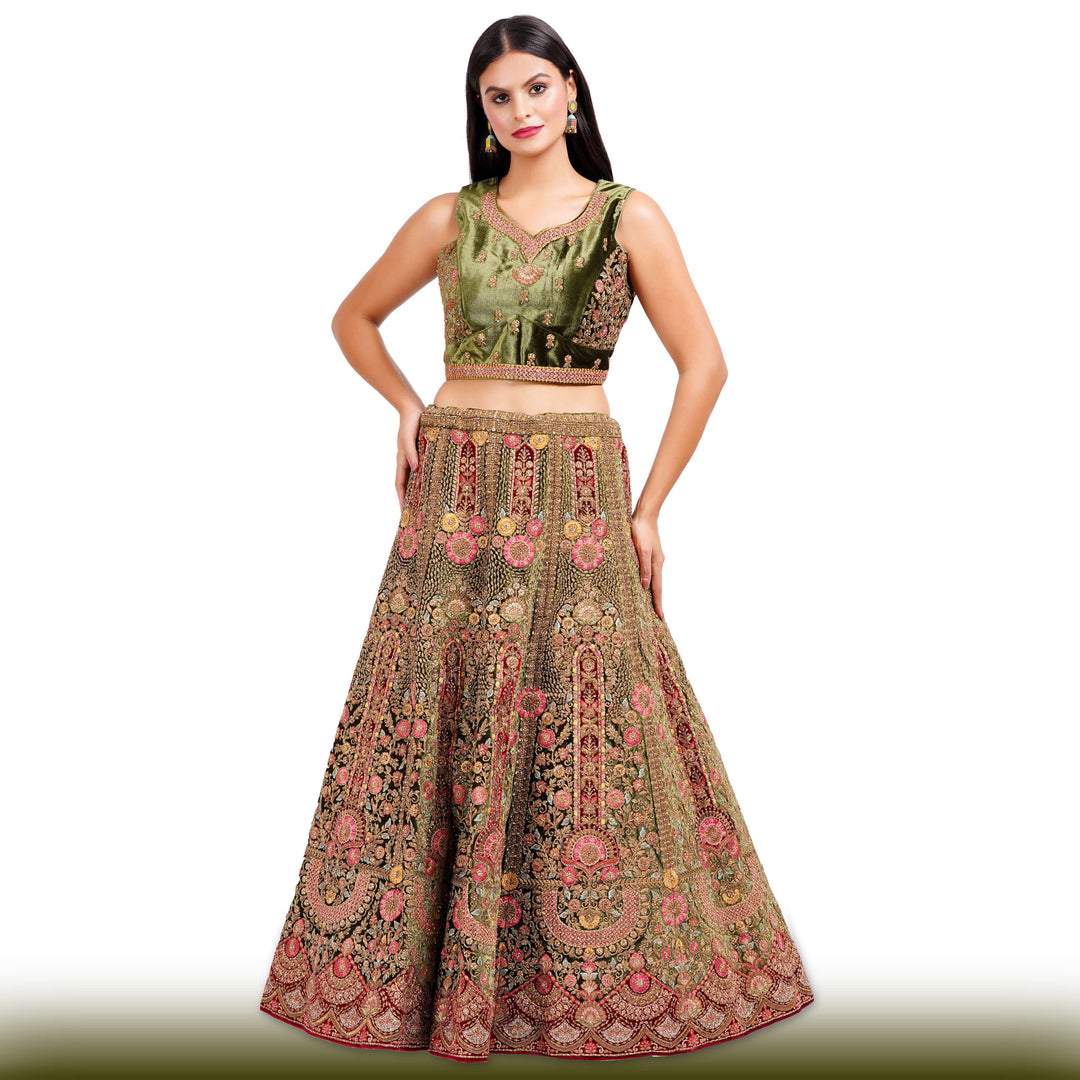 Mehendi green velvet Lehenga