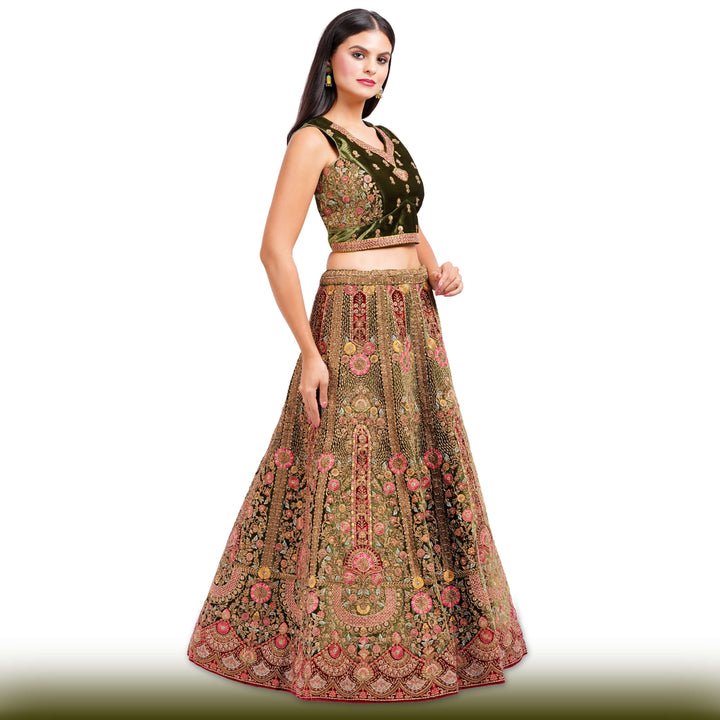 Mehendi green velvet Lehenga