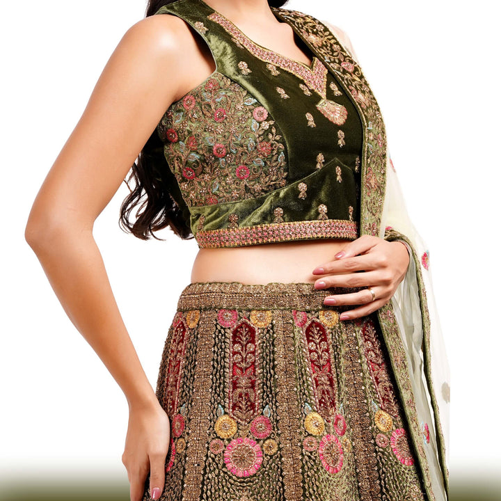 Mehendi green velvet Lehenga