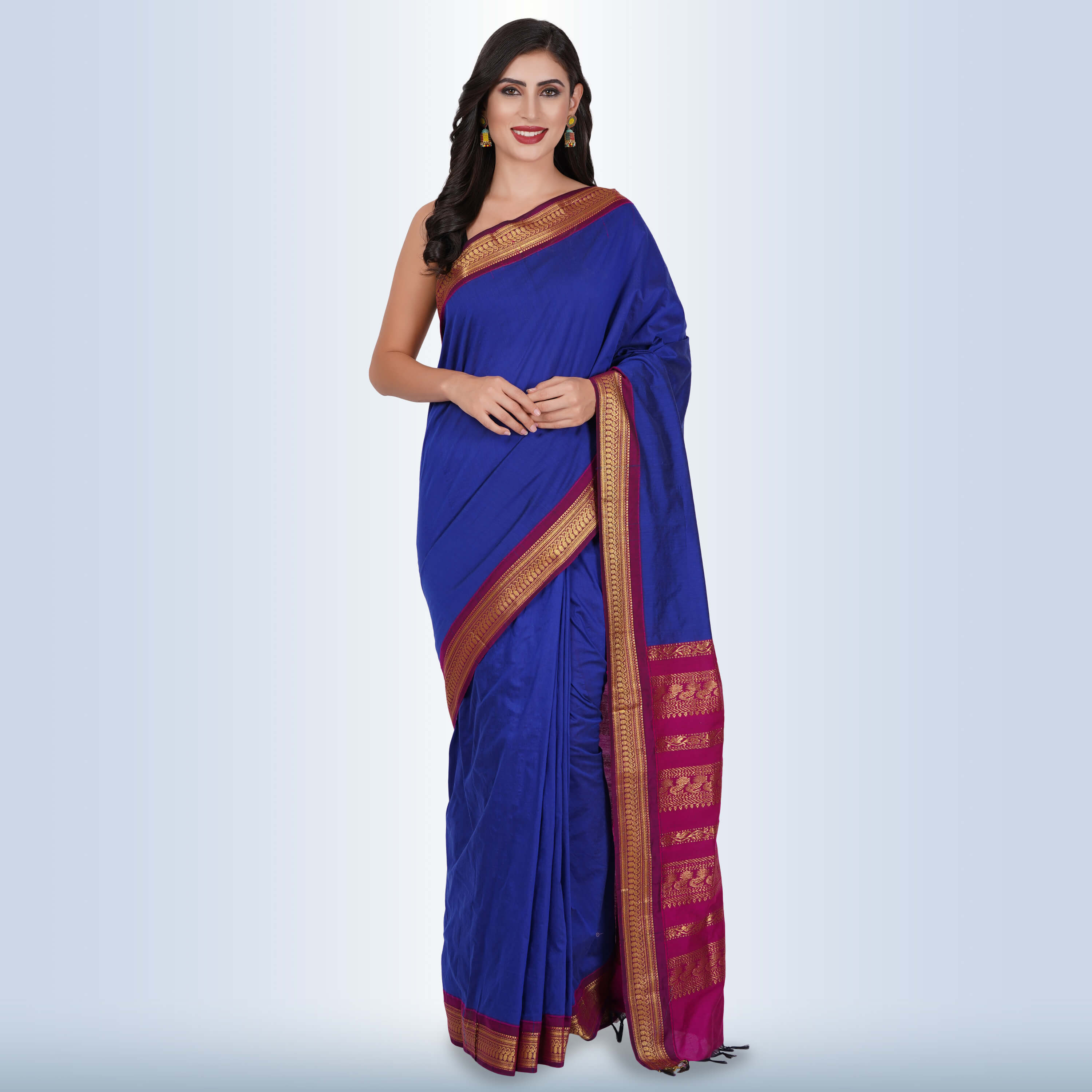 Plain Green with Blue Border Cotton Silk Uniform Saree – Satish Silk Mills