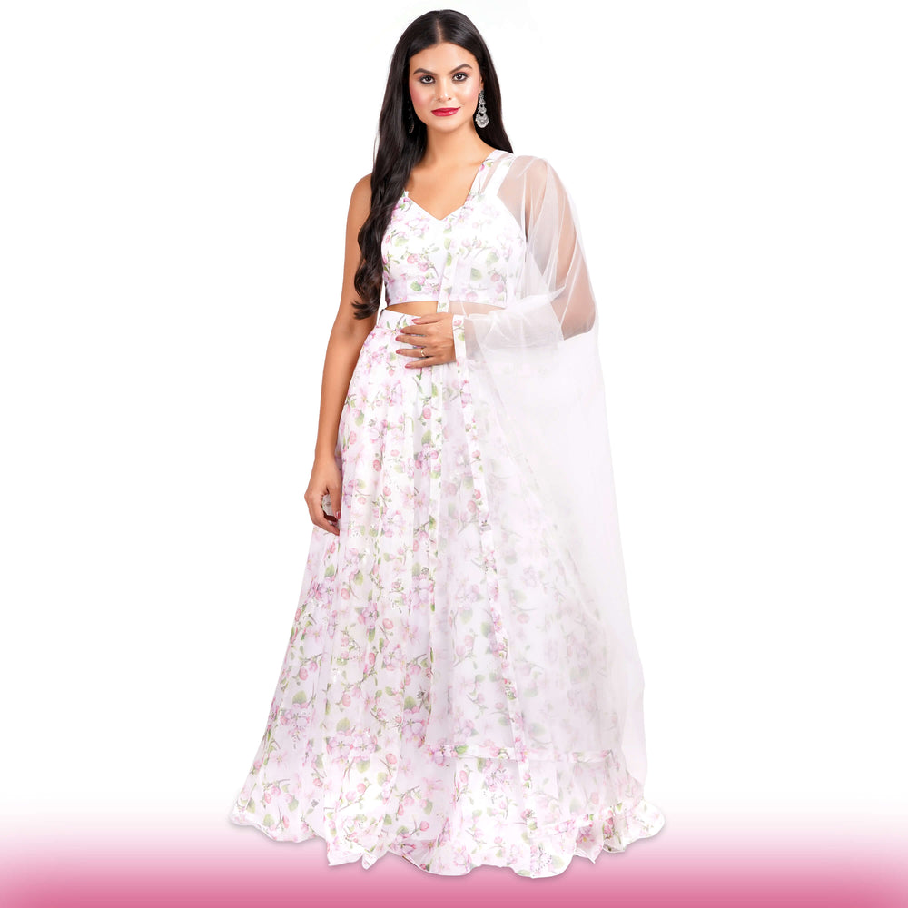 Organza Lehenga in Cherry Blossom Print