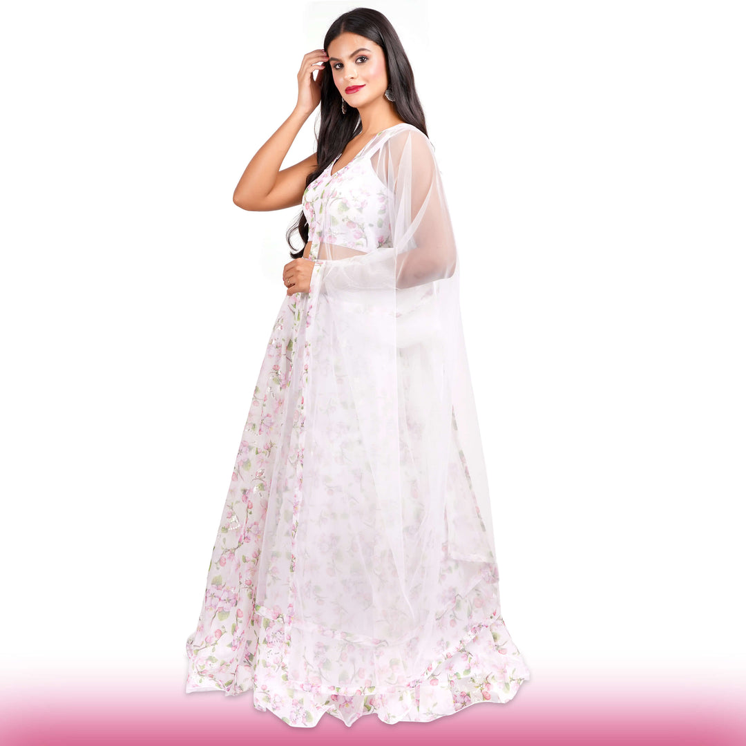 Organza Lehenga in Cherry Blossom Print